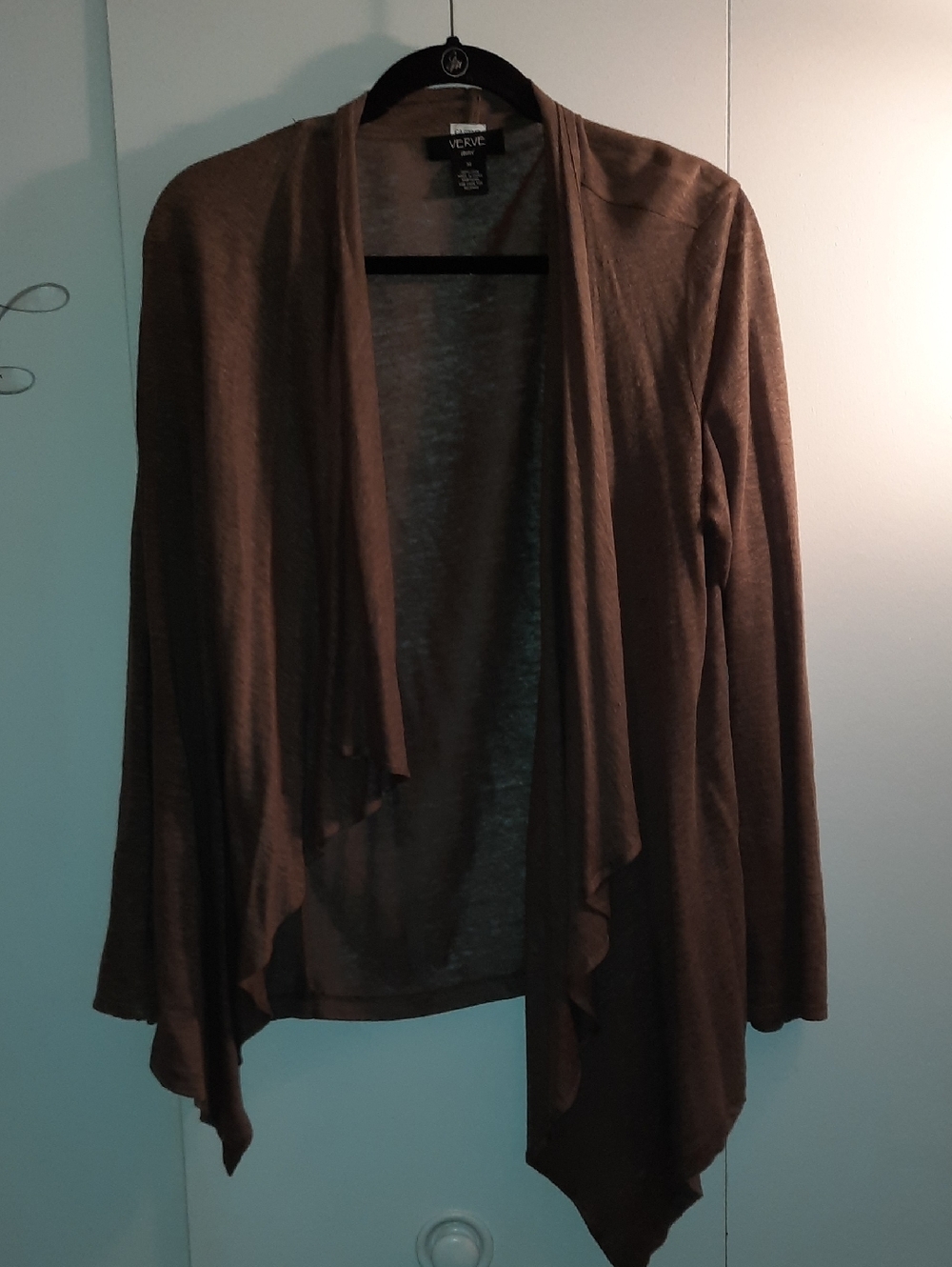 100% Linen Verve Ami Light Olive/Light Brown Draped Open-Front Cardigan